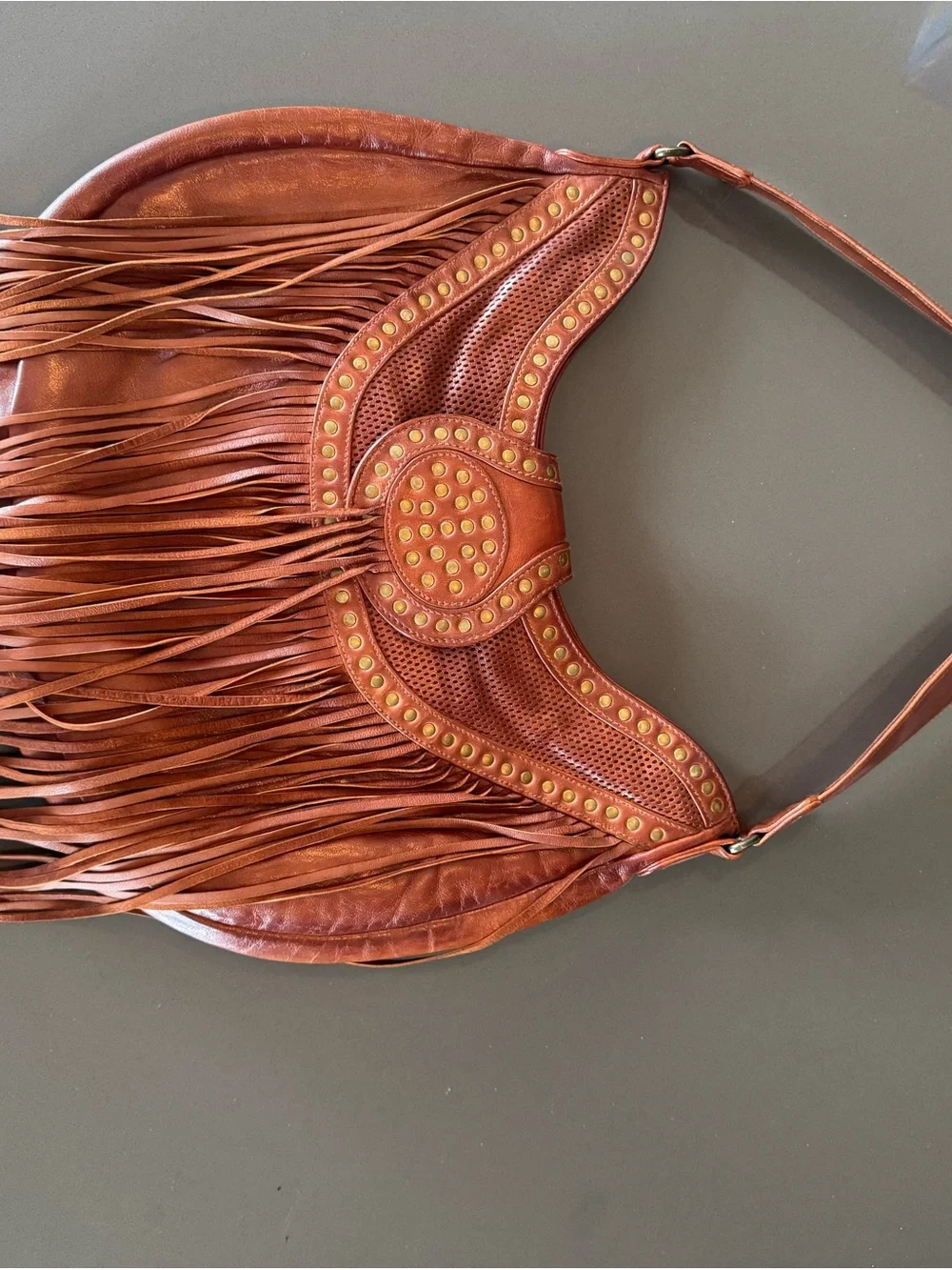 Scully Brown Leather Fringe Hobo with Gold Studs -genuine leather - NEVER USED